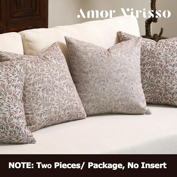 Amor Virisso Floral Throw Pillow Covers 18x18 Set of 2 Vintage Block Print Pillow Covers Decorative Pillow Covers Couch Pillows for Living Room Farmhouse Accent Sofa Pillows, Black/Sand