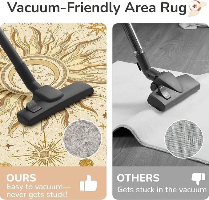 Vacuum-Friendly, 2x10 Washable Area Rug, Beige Camel Brown | Sun and Moon Boho Gothic Non-Slip Low Pile Living Roon Bedroom Dining Room Kitchen Entry Entryway Entrance Hallway Doormat