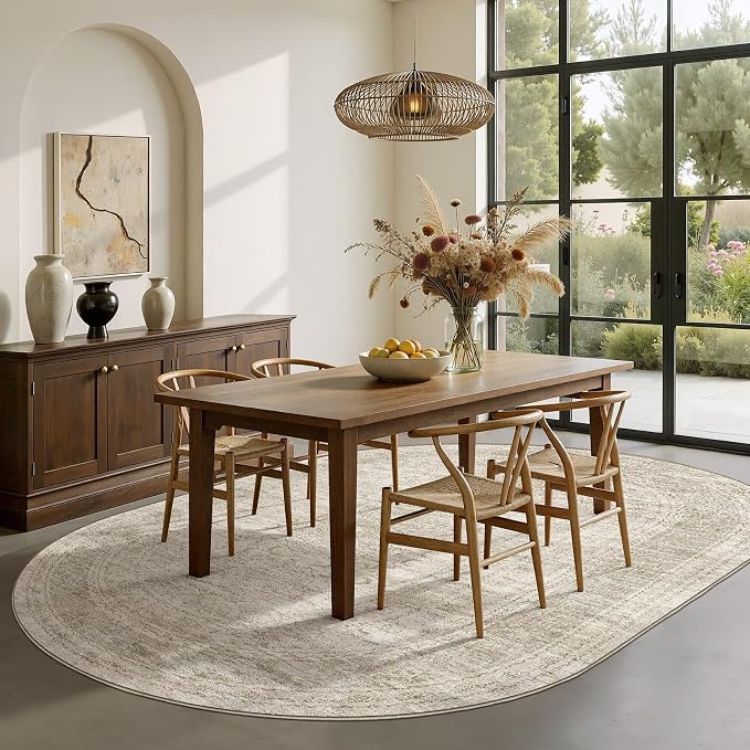 Nakagishi Oval Rugs for Bedroom: Machine Washable Area Rug 6x9, Non-Slip Carpet for Living Room, Playroom, Nursery, Ding Room, Boho Rug Low Pile Non-Slip & Stain Resistant