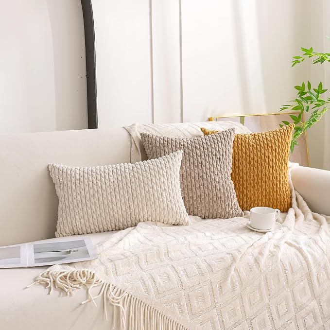 Set of 4 Beige Brown Coffee Decorative Throw Pillow Covers 22x22 Inch Corduroy Pillow Covers for Bed Couch Sofa Living Room Soft Square Cushion Cases