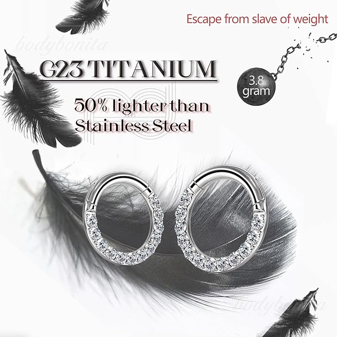 BodyBonita G23 Titanium 0G 2G 4G 6G 8G 10G 12G 14G CZ Septum Rings PA Nose Hoops Clicker Ear Weights for Stretched Ear Piercing Jewelry 10mm 12mm Silver/Gold/Black