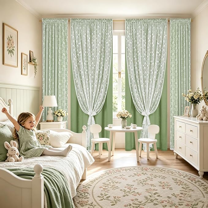 ASPMIZ Linen Curtains for Living Room Double Layer Curtains with Linen Lace, Sage Green Curtain for Bedroom Light Filtering, Rod Pocket Drapes 84 Inch Length 2 Panels Set with 2 Tiebacks, 52x84
