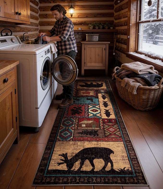 Rustic Cabin Hallway Runner Rug 2'8"x8' - Bear Washable Rug, Non-Slip Low Pile Soft Farmhouse Carpet, Southwestern Wildlife Print Floor Runner Rugs for Kitchen, Entryway, Laundry, Bedroom