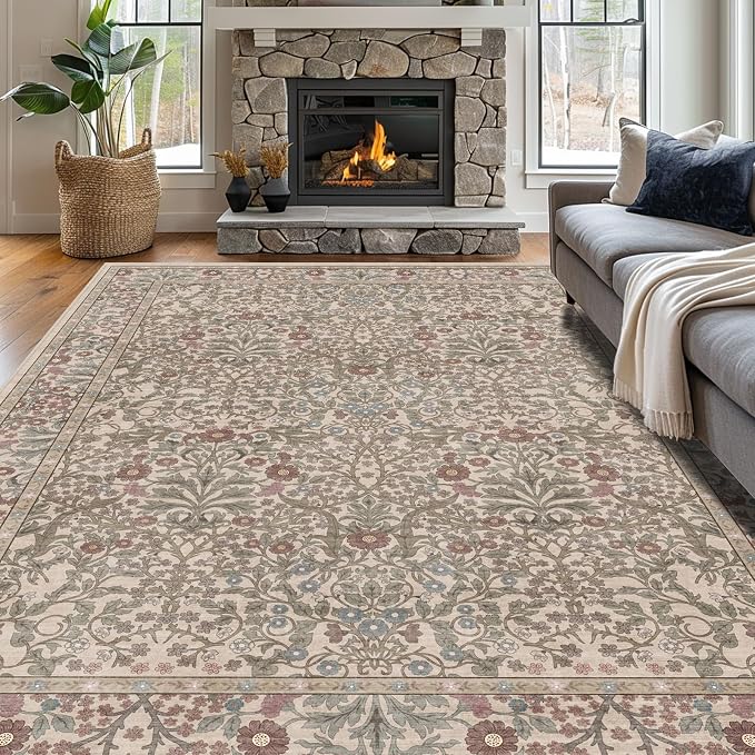 Vintage Moss Living Room Rug, 8x10 Washable Area Rugs for Dining Room Under Table, Soft Low Pile Large Carpet Bedroom, Non-Slip Boho Floral (8 x 10 Moss)