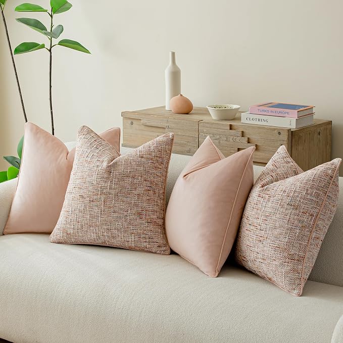 a moment Light Pink 4 Pack Throw Pillow Covers - Chenille & Velvet Set with Piping, Farmhouse Textured Design Pillow Cases for Couch Sofa Bed Livingroom (18x18 Inch, No Insert)