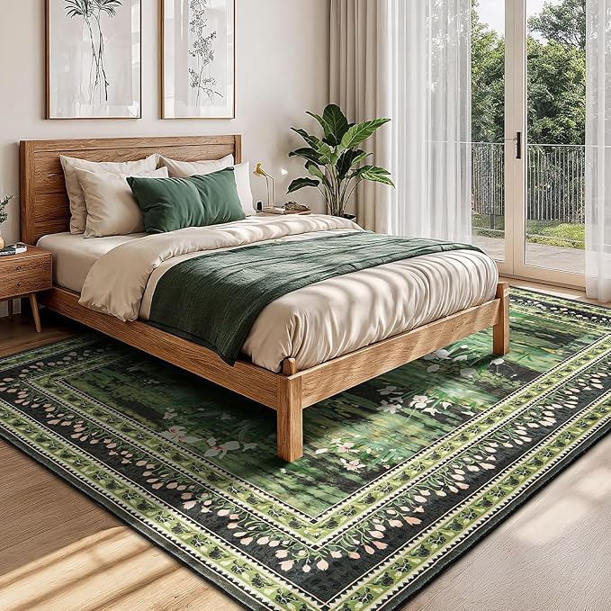 Lessymo Dark Green Floral Rug 8x10 for Living Room, Large Washable Soft Non-Slip Area Rugs, Boho Farmhouse Moody Aesthetic Carpet, Bedroom Dining Nursery Home Office Decor