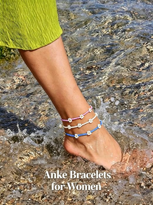 Ursumy Boho Ankle Bracelets for Women Summer Beaded Anklets Chain Beachy Flower Foot Jewelry