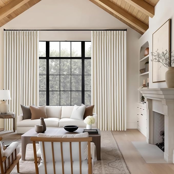 Cream Beige Pleated 100% Blackout Linen Curtains 108 Inches Long Set of 2 | Black Out Noise Reducing, for Living Room Bedroom Patio Sliding Door, Memory Shape Trained, Pinch Pleat Rings Hooks Back Tab