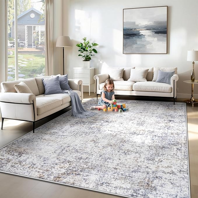 XLUEZ 6x9 Area Rugs for Living Room, Washable Modern Abstract Large Area Rug Neutral Soft Non Slip Kids Rug Stain Resistant Indoor Carpet for Bedroom Nursery Dining Room Playroom(Bluegrey, 6'x9')