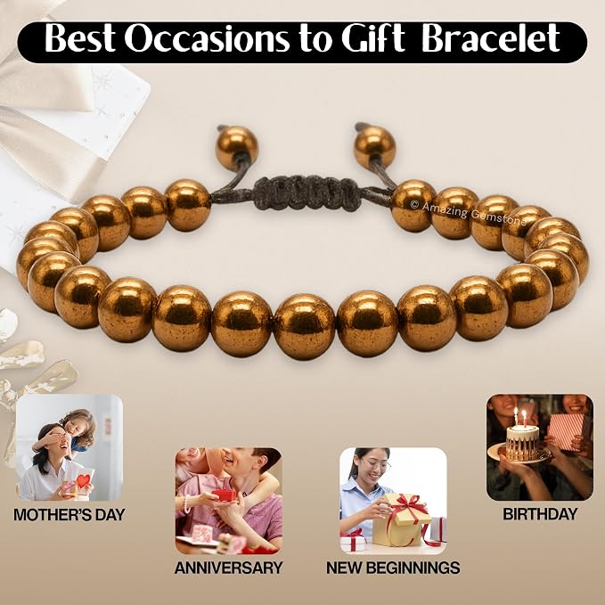 Amazing Gemstone Copper Hematite Bracelet, Gifts for Men & Women - Protection Healing Crystal Bracelet - 8mm Gemstone Beaded Adjustable Bracelet, Pulseras para Hombres Mujer Stocking Stuffers