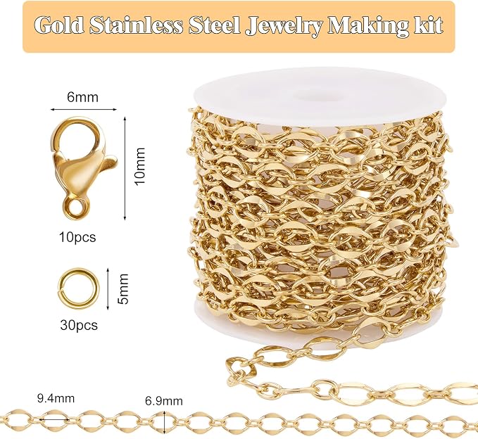 GTVOODX 13 Feet 18K Gold Plated Jewelry Making Chain Kit Stainless Steel Lips Dapped Chain Spool Bulk for DIY Jewelry Making Necklace Bracelet