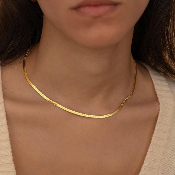 CHESKY Gold Necklace for Women-14K Plated/S925 sterling silver Snake Chain Necklace Dainty Simple Chunky Herringbone Necklace Gold Choker Necklaces Jewelry for Women Mothers Day Gifts for Mom