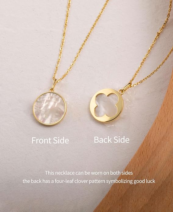 S.Leaf Sterling Silver Pearl Necklace for Women Gold Plated Double-sided Mother of Pearl Four Leaf Clover Shell Necklace Dainty Pendant Necklaces Gift for Women Her Mother Daughter Bridesmaids