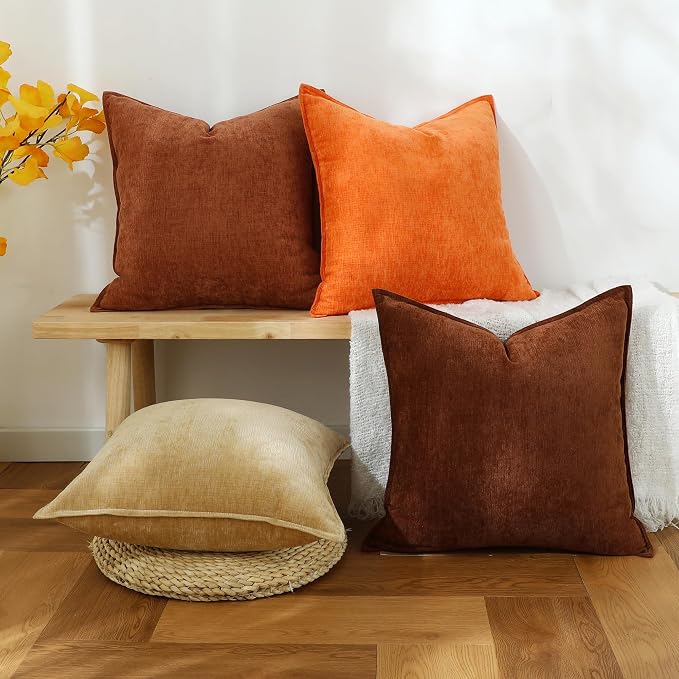 Stellhome Fall Burnt Orange Decorative Throw Pillow Covers Accent Soft Textured Chenille Cushion Cover Rustic Farmhouse Pillow Case for Couch Sofa Bedroom Living Room, 18x18 Inch Set of 4