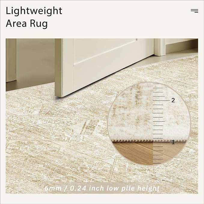 Soalmost 5x7 Area Rugs Beige Low Pile Indoor Washable Trendy Faded Style Floral Rugs for Bedroom Living Room Dining Room Foldable Non-Slip Thin Print Mat