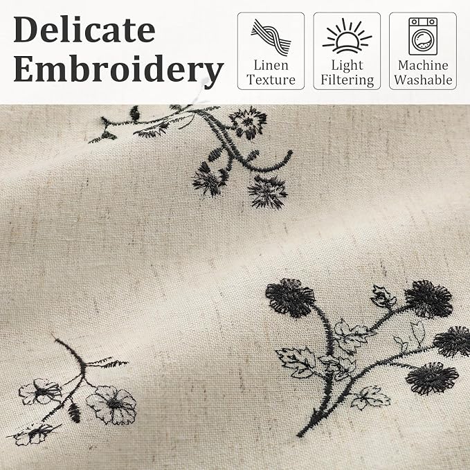 Black Floral Embroidered Linen Blend Curtains for Bedroom, 84 Inch Light Filtering Spring Farmhouse Vintage Drapes for Living Room Rod Pocket, Set of 2 Panels