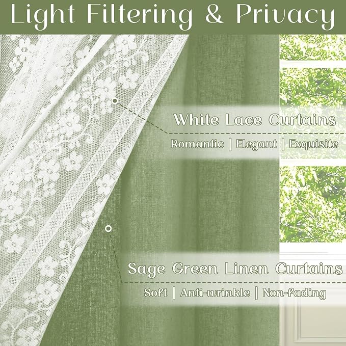 ASPMIZ Linen Valances for Windows Double Layer Valance Curtains with Lace Overlay, Sage Green Kitchen Curtains Light Filtering, Rod Pocket Window Valances for Living Room, Kitchen, Cafe, 52x18