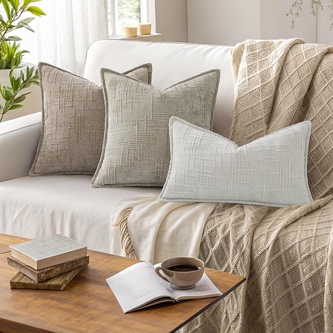 decorUhome Chenille Throw Pillow Covers 24x24 Set of 2,Light Brown | Soft Texture, Slubby Modern Design, Flange Edges, Cozy Accent Pillow Covers for Couch, Sofa, Bed, Living Room