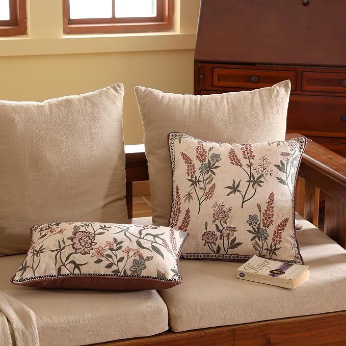 ISAENNE Designer Elegant Linen Throw Pillow Cover,Set of 4-Helena ABCD | French Cottage Pillow Cover,Concealed Zipper,Floral Pattern,Sofas,Bedroom,Living Room,Lounge Chairs,All Season Home Decor