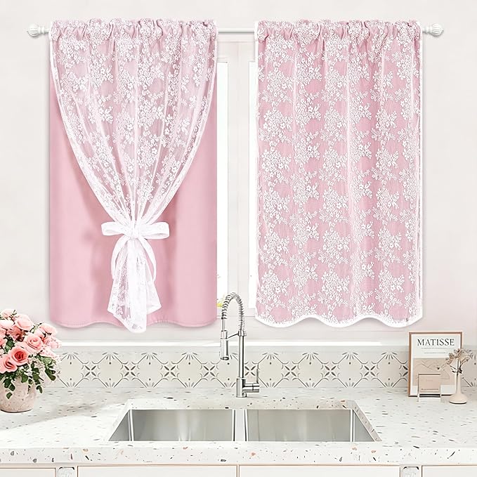 Yinhua Pink Kitchen Curtains 36 Inch Length Double Layer Blackout Cafe Curtains with Floral Sheer Overlay Rod Pocket Short Curtain for Windows, Small Window Curtain for Bathroom, Living Room, 2 Panels