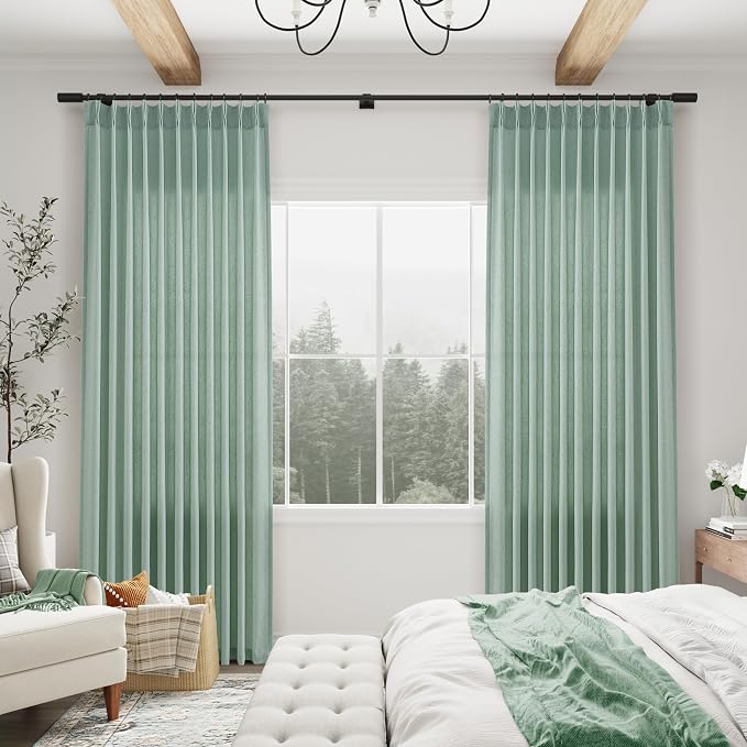 Aersas Aqua Green Pinch Pleated Linen Curtains 90 Inch Length 2 Panels for Living Room Bedroom Semi Sheer Window Curtain Boho Neutral Back Tab Pinch Pleat Drape with Hooks 40x90