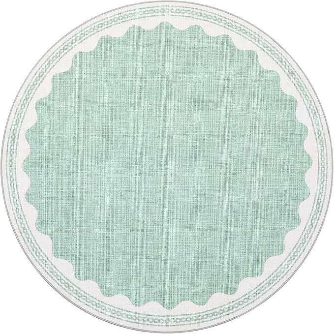 6ft Scalloped Round Rug Green Washable Living Room Bedroom Area Rug | Small Solid Rug for Bedroom Girls, Non Slip Scalloped Round Bath Mat, Soft Dorm Nursery Carpet for Bedside