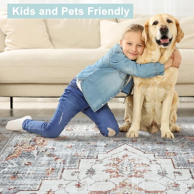Mandala - Indoor Area Rugs 2x8 Washable, Stain Resistant Machine Washable Rugs for Living Room, Bedroom, and Modern House Décor - Durable Polyester Material, Colorful Patterned - Beige & Grey