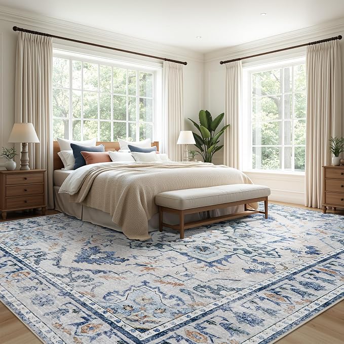 Joydeco 8x10 Area Rugs for Living Room, Non Slip Machine Washable Vintage Rug, Low Pile Chenille Print Rugs for Bedroom, Dining Room, Home Office, Pet & Child Friendly, Blue&Grey