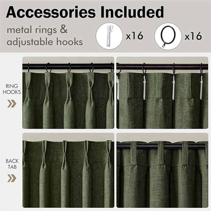 MIULEE Pinch Pleated Thick Linen Curtains 84 Inches Long 2 Panels for Living Room Bedroom, Linen Textured Memory Trained Drapes Pleat Back Tab Light Filtering Loden Window Curtains with Hooks&Rings