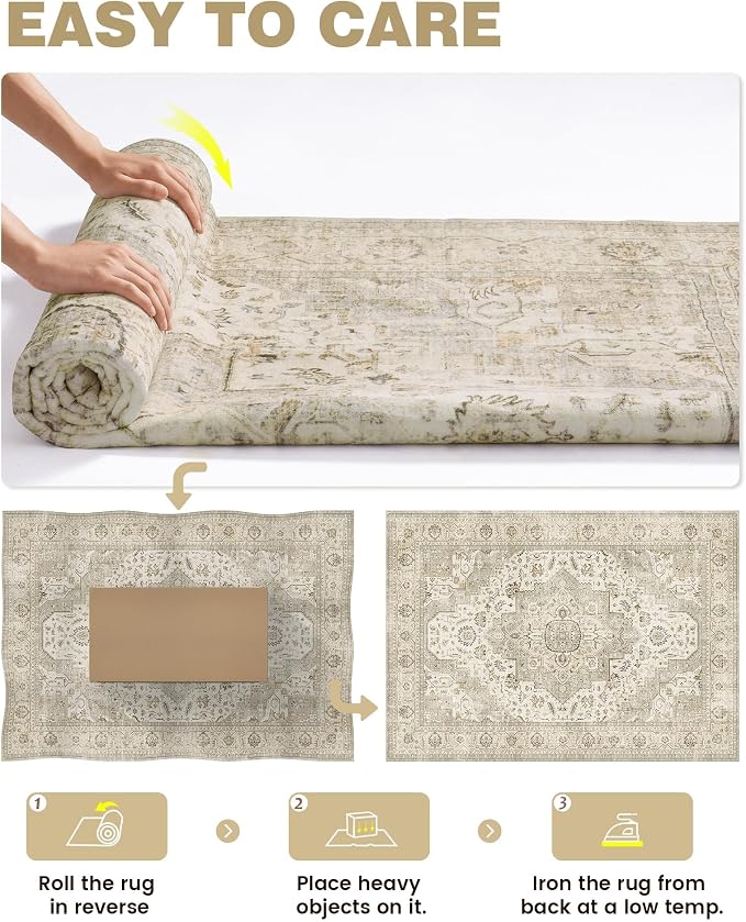 Roxstand 2.6x12 Hallway Runner Rug, Washable Non Slip Rugs, Ivory/Beige | Low Pile Rug with Stain Resistant Surface, Vintage Long Runner Rugs for Entryway, Living Room, Bedroom, Kitchen, Laundry