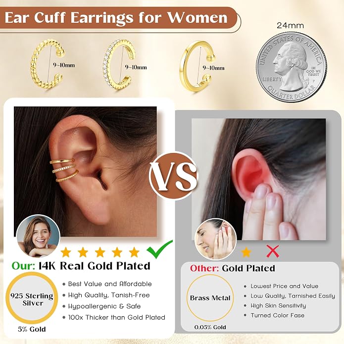MILACOLATO 925 Sterling Silver Ear Cuffs for Women - 14K Gold Plated Adjustable Ear Cuffs Non Piercing Earrings for Women Trendy Cubic Zirconia Clip On Cartilage Conch Earrings for Non Pierced Ears Fake Earrings Set Hypoallergenic