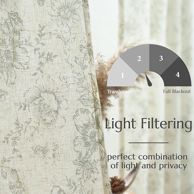 jinchan Green Floral Linen Curtains Lined 63 Inch Vintage Back Tab 2 Panels | Privacy lining, light filtering drapes, vintage, cottagecore, french country, rustic, bedroom, living room, window treatment