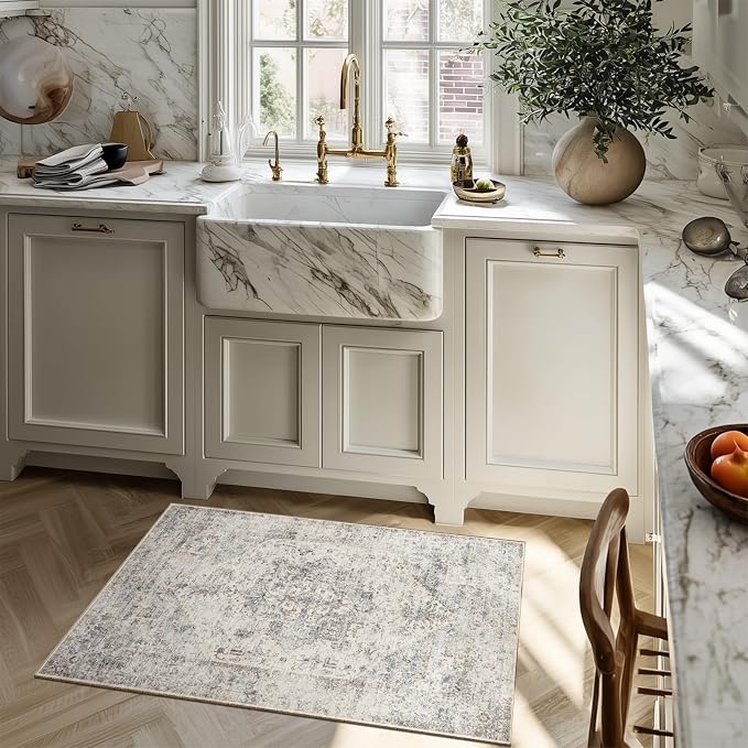 Machine Washable Area Rugs for Entryway: Door Mat Indoor Entrance 2x3 Boho Rug Vintage Distress Non-Slip Low Pile Soft Throw Carpet for High-Traffic Areas Kitchen, Hallway, Farmhouse Decor