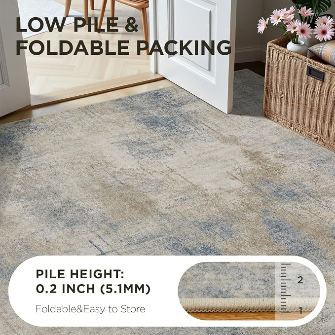 Joydeco 2x6 Runner Rug Modern Abstract Machine Washable Rug – Low Pile Faux Wool with Non-Slip Backing, Neutral Print Stain Resistant Carpet Runner for Hallway, Kitchen, Entryway, Laundry and Bedroom