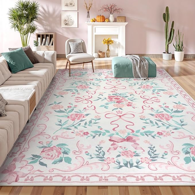 Collive 6x9 Pink Area Rug, Boho Bow and Floral Rugs for Living Room Machine Washable, Soft Ultra-Thin Bow Carpet Non Slip for Girls Room Bedroom Entryway Playroom