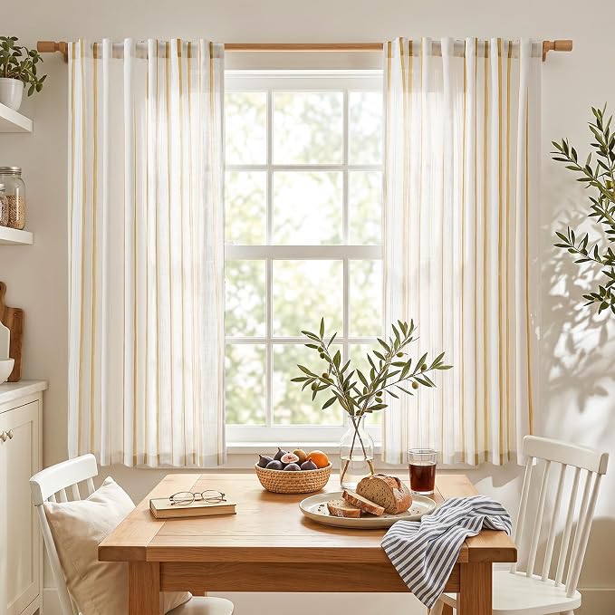 Vangao Striped Curtains Yellow on White Semi Sheer Curtains 63 Inches Long for Bedroom Living Room Modern Farmhouse Linen Textured Light Filtering Drapes 2 Panels Mustard Yellow W50 x L63 Inch