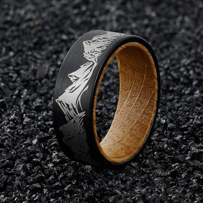 Forest Rings for Men 8 mm Black Plated Wedding Band with Wood Liner Comfort Fit