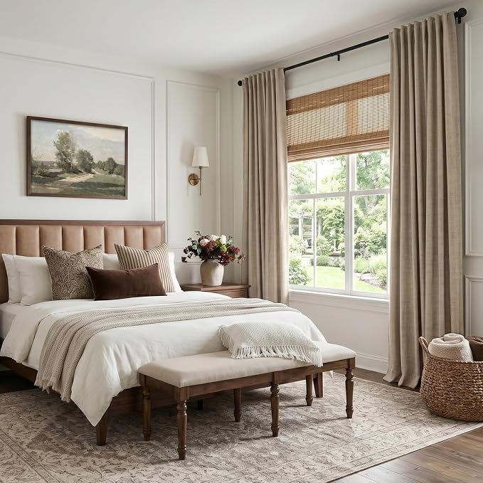 INOVADAY 100% Blackout Curtains 96 Inches Length 2 Panels Set, Back Tab/Rod Pocket Linen Black Out Curtains for Bedroom, Thermal Insulated Window Drapes - Earthy Beige, W50 X L96