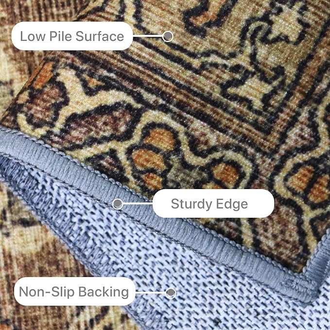 BESBLEE 9X12 Area Rugs Machine Washable Rugs for Living Room, Vintage Boho Large Rugs for Bedroom Dining Room, Non Slip Indoor Soft Distressed Lightweight Thin Low Pile Carpet, Rustic Brown