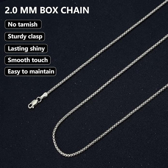 nometo Solid 925 Sterling Silver Box Chain Rope Chain Lobster Clasp Silver Chain for Men Silver Necklace Chain for Women 16/14/20/22/24/26/30 Inches