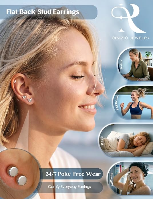 ORAZIO 925 Sterling Silver Flat Back Stud Earrings for Women Hypoallergenic 14K Gold Plated Cartilage Earrings for Sensitive Ears Small CZ Opal Conch Helix Tragus Piercing Jewelry 3 Pairs 20G