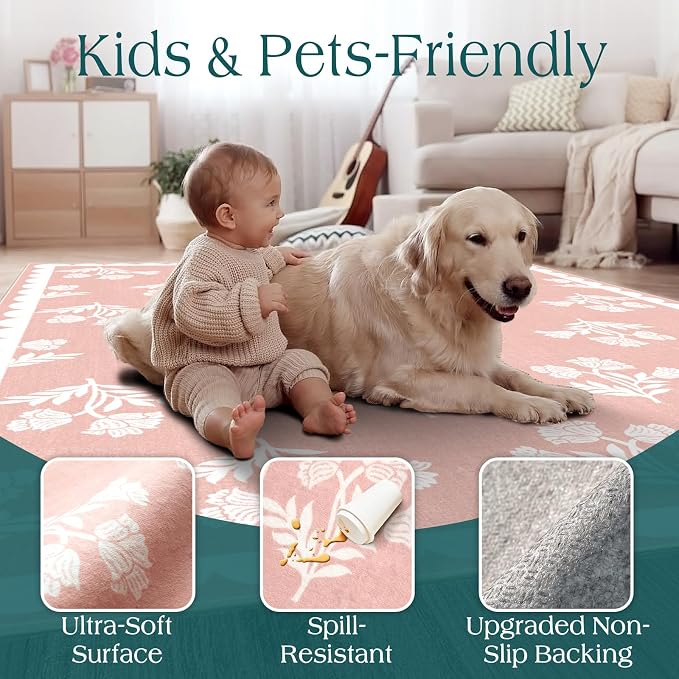 Pink Rugs for Bedroom Girls - 5x7 Cute Pastel Pink Soft Washable Boho Scalloped Bedroom Rug Non Slip Stain Resistant Rugs for Living Room Nursery Kids Playroom Dorm Preppy Baby Room Home Decor