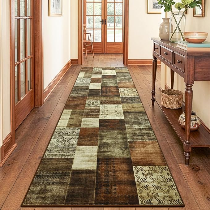 DweIke Runner Rug for for Hallways, 2'x6' Washable Kitchen Rugs with Non Slip Rubber Backing, Soft Low Pile Non-Shedding Geometric Carpet for Laundry Bedroom Bathroom, Brown