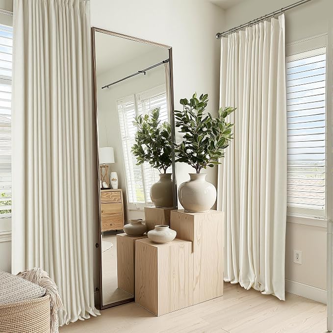 RYB HOME 100% Blackout Beige Pinch Pleated Linen Curtains for Bedroom, 2 Layers Thermal Insulated Natural Neutral Decor for Farmhouse Living Room, 40" W x L84 L, 2 Panels Set