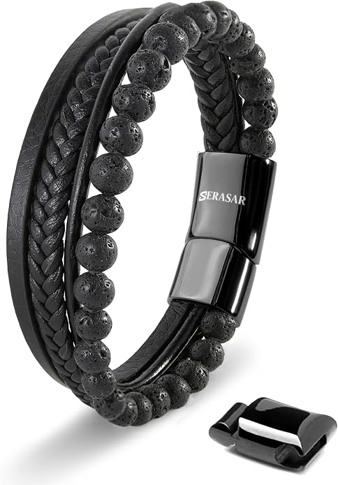 SERASAR | Premium Bracelet for Men in Genuine Black & Brown Leather | Magnetic Stainless Steel Clasp | Jewelry Box Included | Great Gift Idea