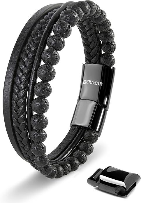 SERASAR | Premium Bracelet for Men in Genuine Black & Brown Leather | Magnetic Stainless Steel Clasp | Jewelry Box Included | Great Gift Idea