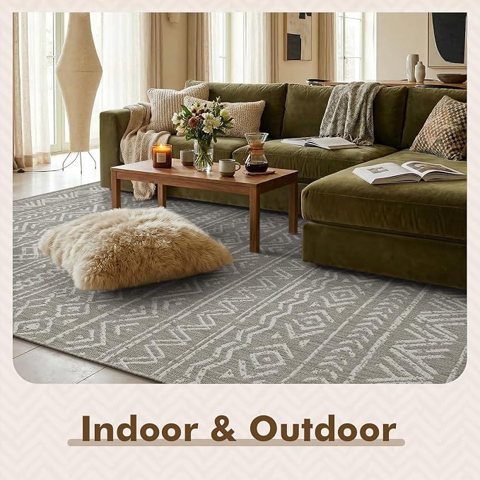 MontVoo-Outdoor Rug-Patio Rug 4x6 Polypropylene Indoor Outdoor Rugs Outdoor Carpet for Patio Deck Balcony Porch, Textured Weave, Durable for High Traffic, Fade-Resistant, Boho Farmhouse Silver Grey