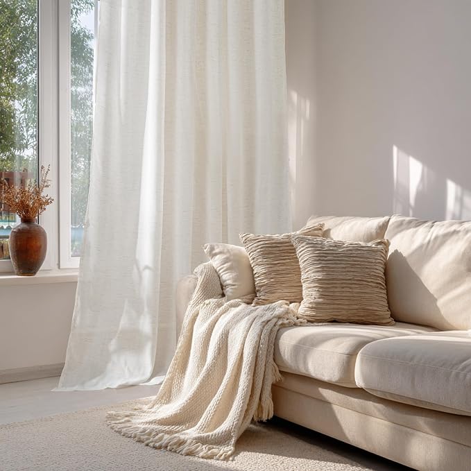 RYB HOME Sheer Linen Curtains Extra Long Light Airy Privacy Protected High Ceiling Window Curtains for Bedroom Living Room, Rod Pocket & Back Tab, Ivory, W 52 x L 120 inch, Set of 2