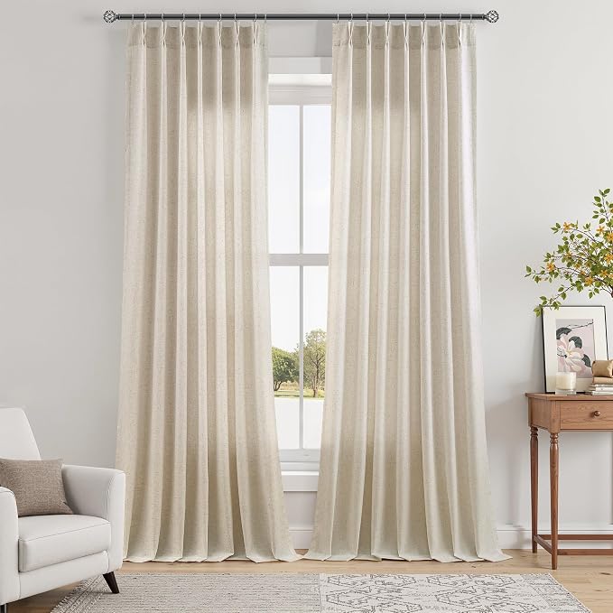 Linen Warm Beige Pinch Pleated Curtains 102 Inches Long for Living Room Sheer Privacy Rod Pocket Window Drapes 2 Panels Set for Dining Room Bedroom Natural Modern Boho Curtain, 40 Inch x 102 Inch