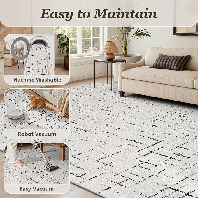 Engiw-Neutral 6x9 Area Rug for Living Room Rug-Carpet Bedroom Rugs Textured Tufted Jacquard Modern Washable Rug for Dining Room Nursery Non Slip-Black and White